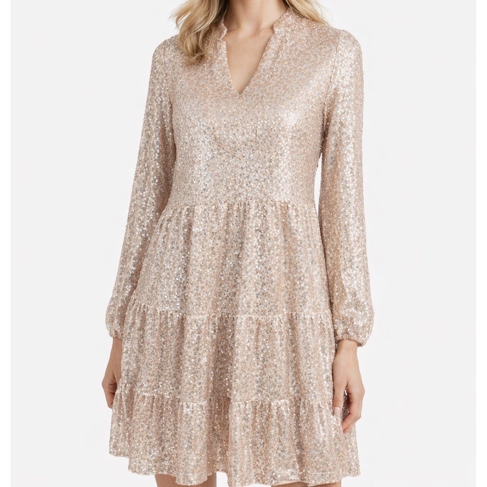 Vineyard Vines sequin tiered dress XS Gold Pink Party Whimsy Shower Bridal